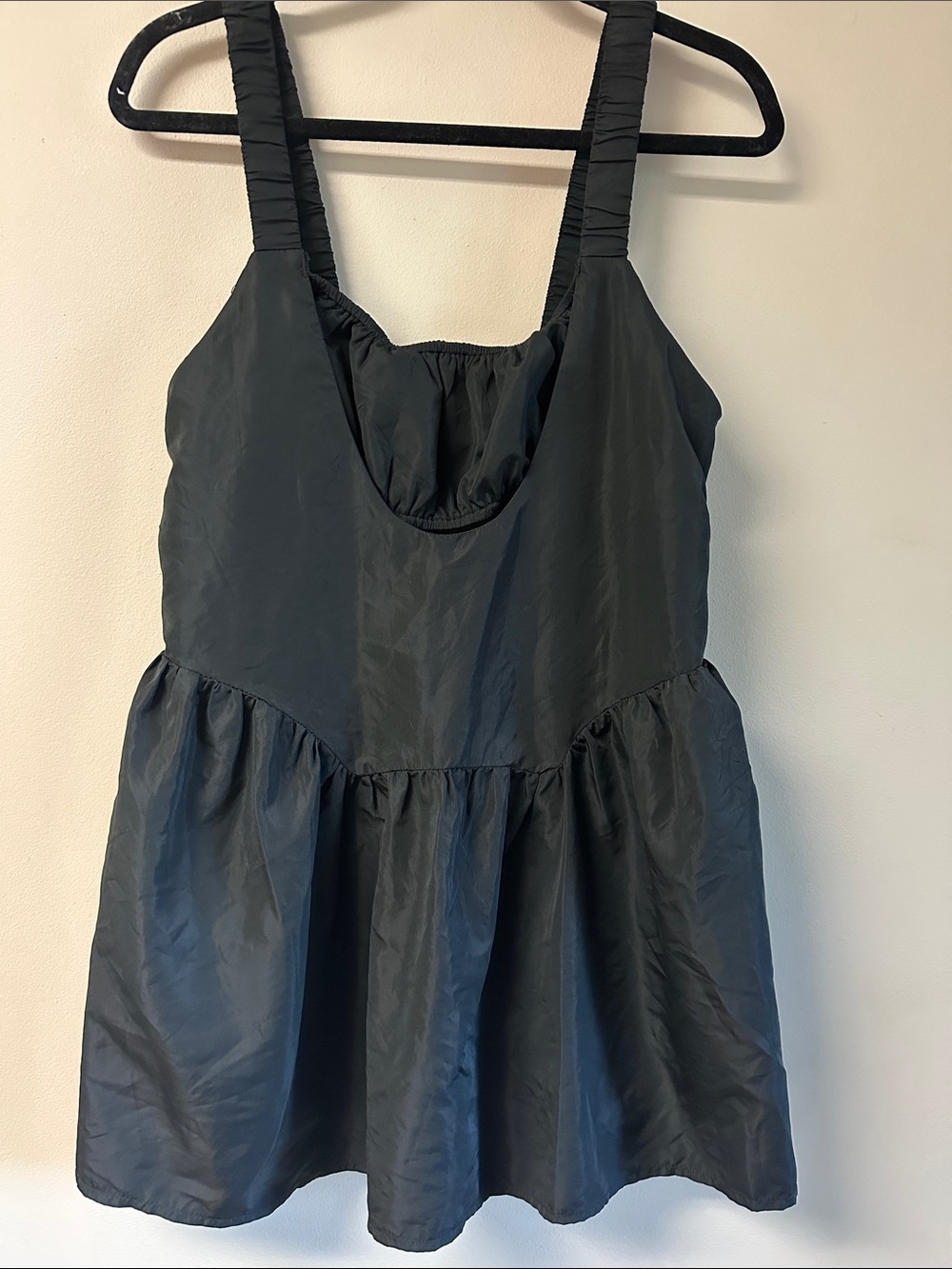 TCEC Black Babydoll Mini Dress S Ruched Straps Square Neck